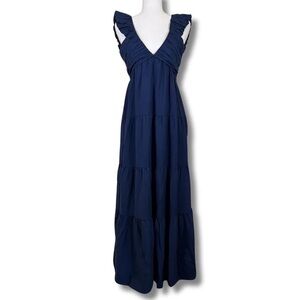 JASON WU | Navy Blue Linen Blend Tiered Maxi Dress Women | Size Small
